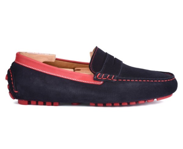 Mocassin été homme cuir Velours Marine et cuir rouge - FERGUSON Mocassin driver